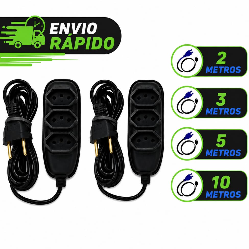 Kit 2 Extensão Elétrica 2m 3m 5m 10m Bivolt 110/220V 3 Tomadas 10A Tripolar Padrão Brasileiro Reforçada