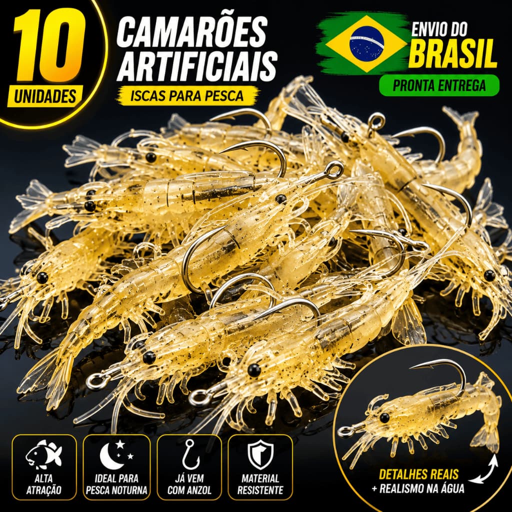 Kit 10 Camarões Artificiais com Anzol Isca para Pesca Camarão Soft com azol