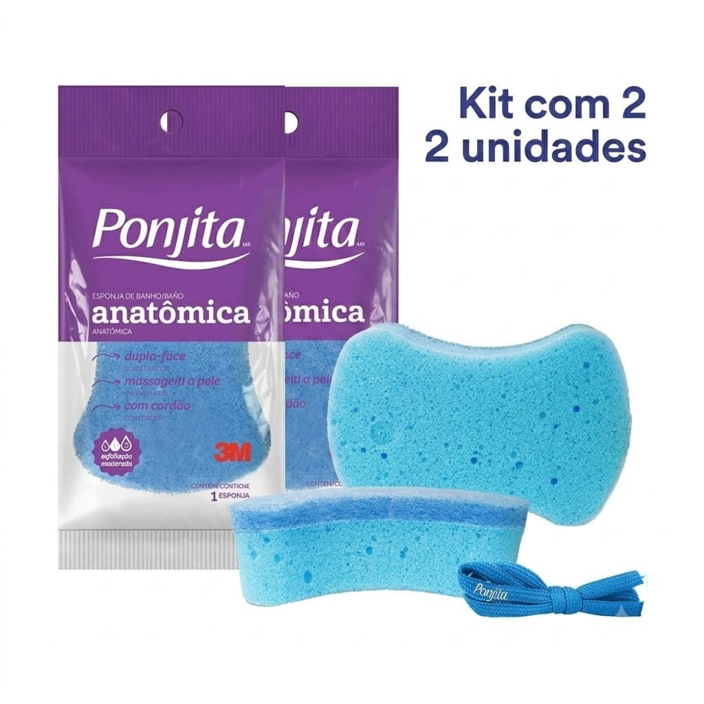 Kit 2 Esponja De Banho Ponjita 3M Anatômica Macia Limpeza Corporal