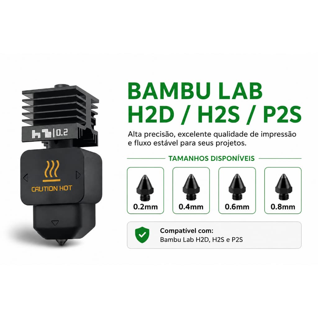 Hotend para Impressora 3D Bambu Lab H2D H2S P2S com Bico do Tipo Aço Endurecido - Vários Tamanhos