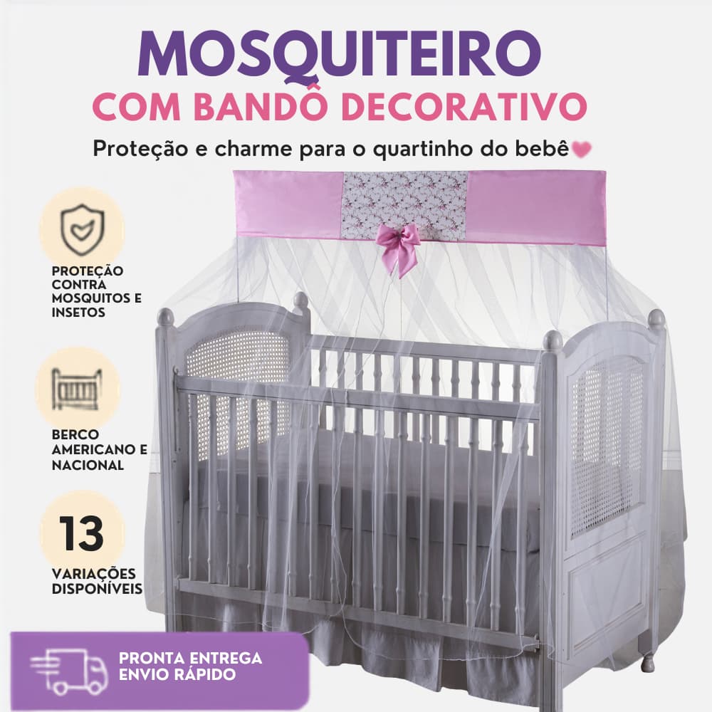 Mosquiteiro para Berço Americano e Nacional com Bandô Decorativo Proteção Contra Mosquitos 12 Estampas