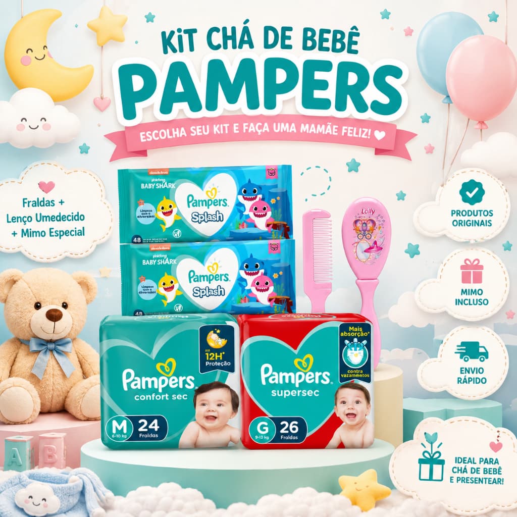 KIT PAMPERS  PARA CHÁ DE BEBÊ – ENCANTE A FUTURA MAMÃE