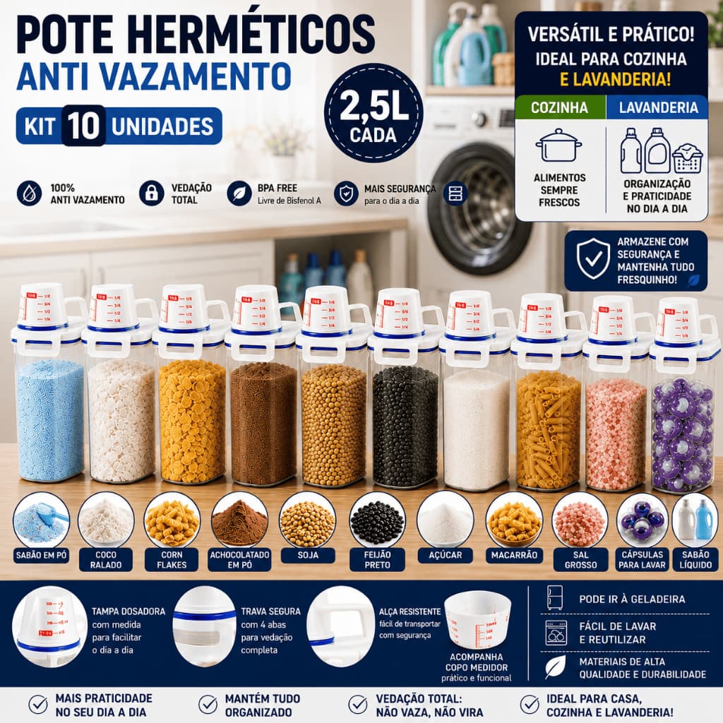 Kit 10 Potes Herméticos Vedação Total BPA Free 2.5L Mantimentos Copo Medidor Cozinha Lavanderia