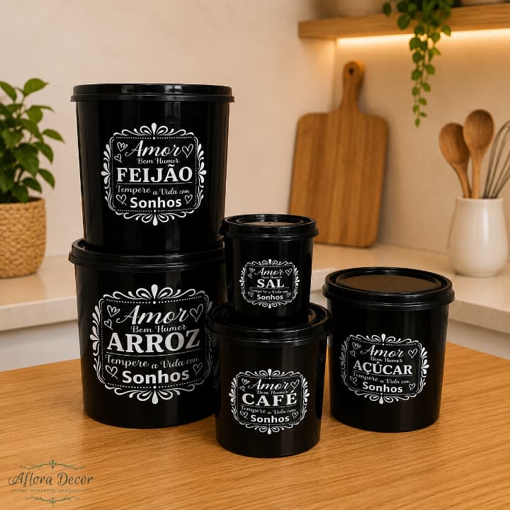 Kit 5 Potes Mantimentos Plásticos Organizador Cozinha Arroz Feijão Açúcar Café Sal