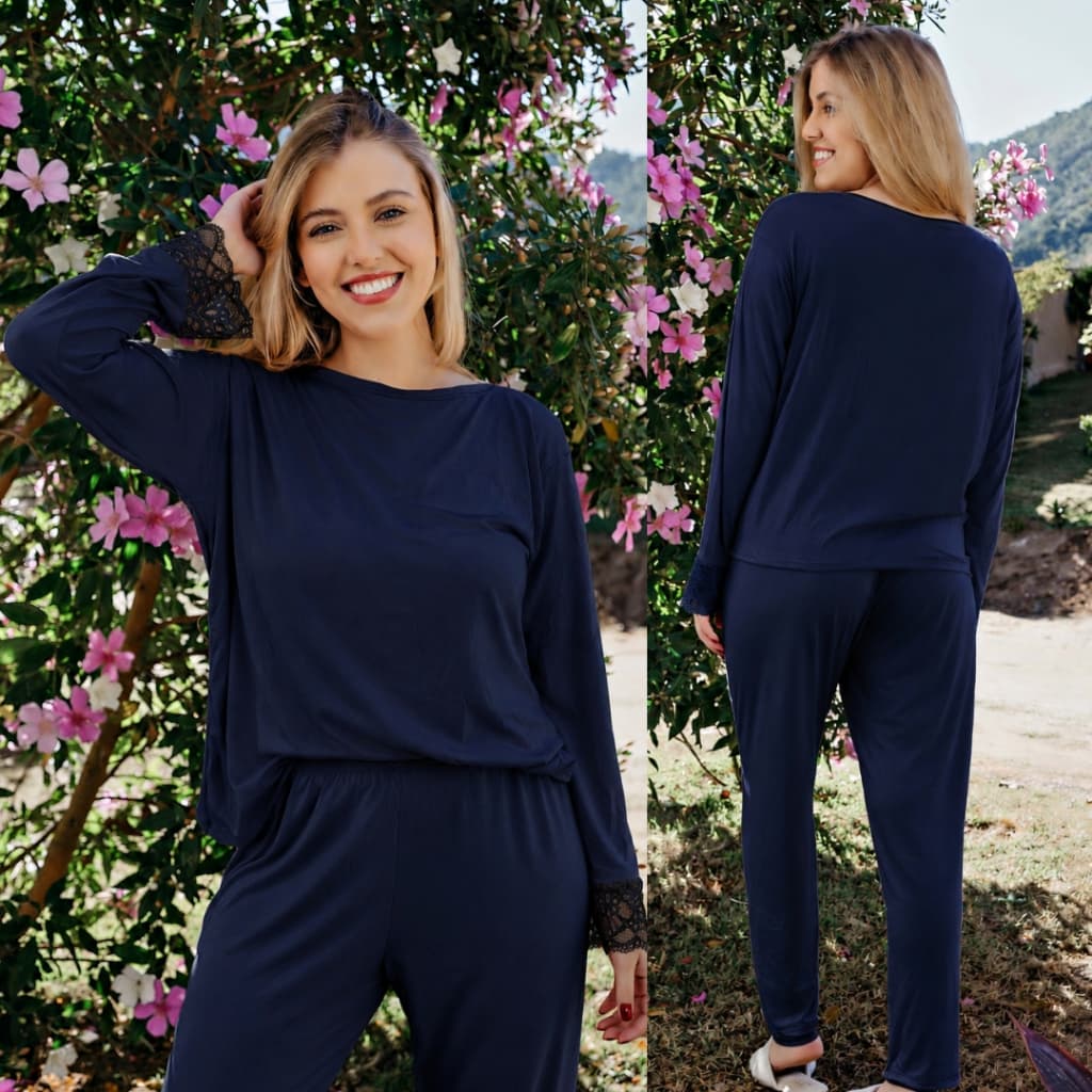 Pijama Manga Longa Calça Longa Rendado Inverno Quentinho Feminino Adulto Confortavel Frio de Dormir