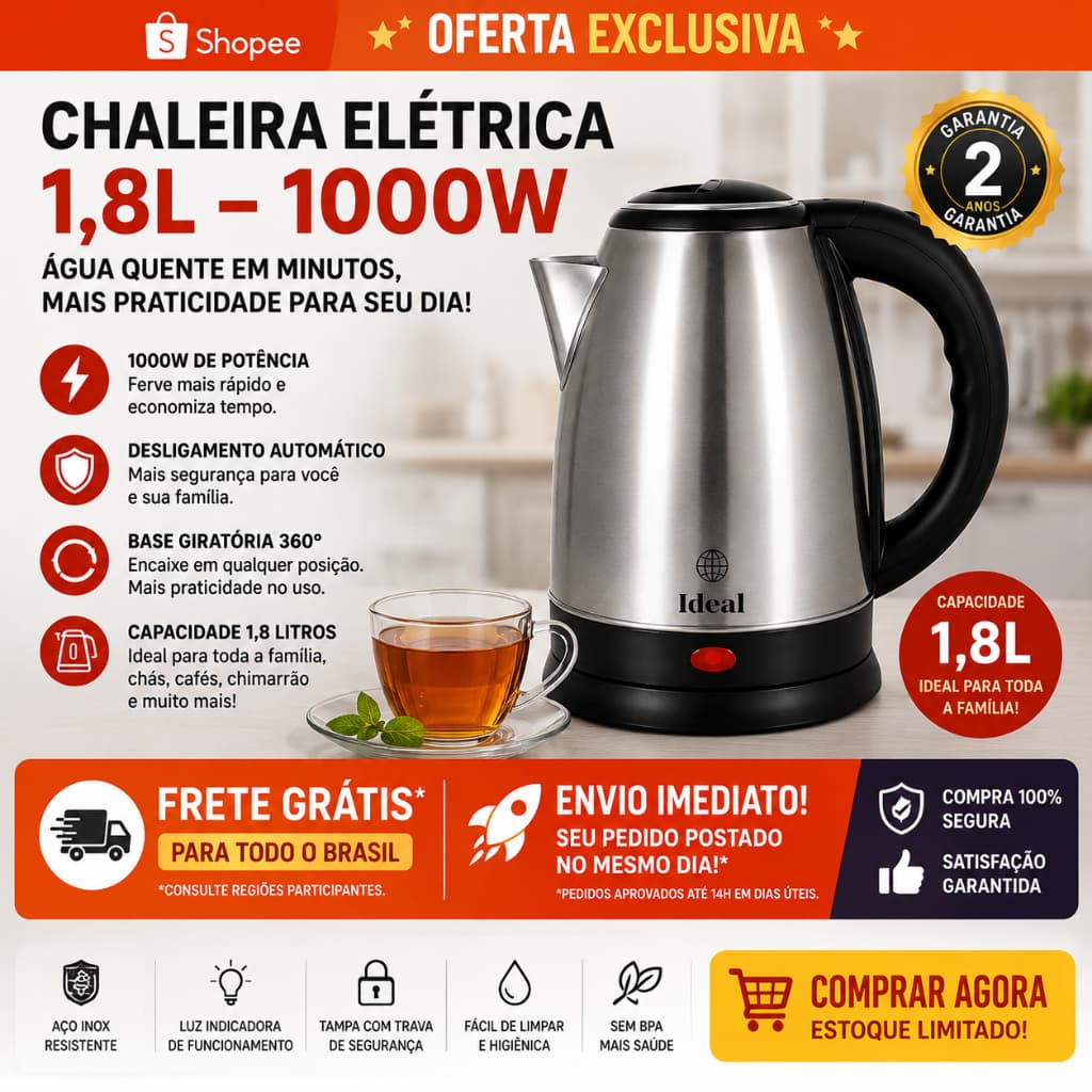 Chaleira Eletrica Aco Inox 1800ml 1000w Rápida Segura Leve.