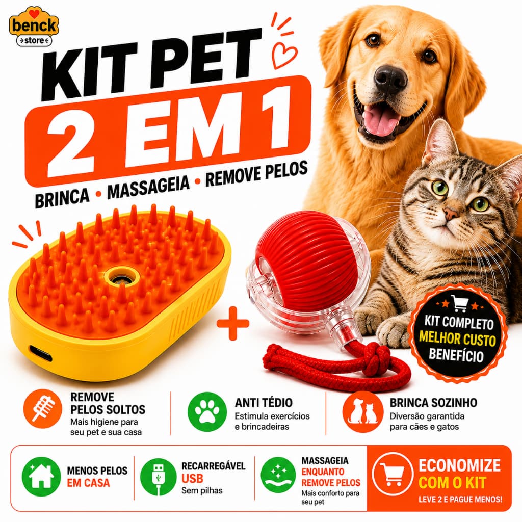 Kit Pet 2 em 1 Escova Spray Vapor + Bolinha Inteligente USB Cães Gatos