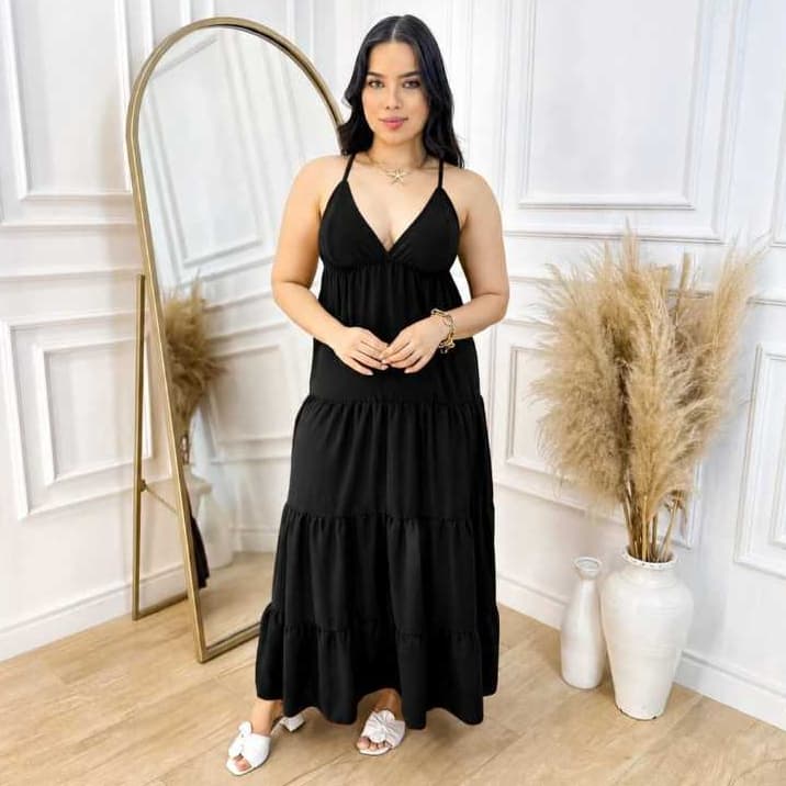 Vestido Longo Feminino Alcinha com Amarração nas Costas | Vestido Soltinho Midi Longo Casual Moda Verão Elegante