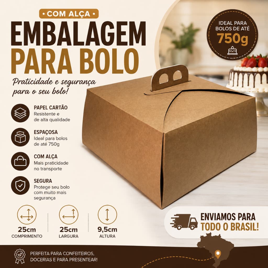 Caixa Embalagem Para Bolo Confeitado 750g 25x25x13,5 cm