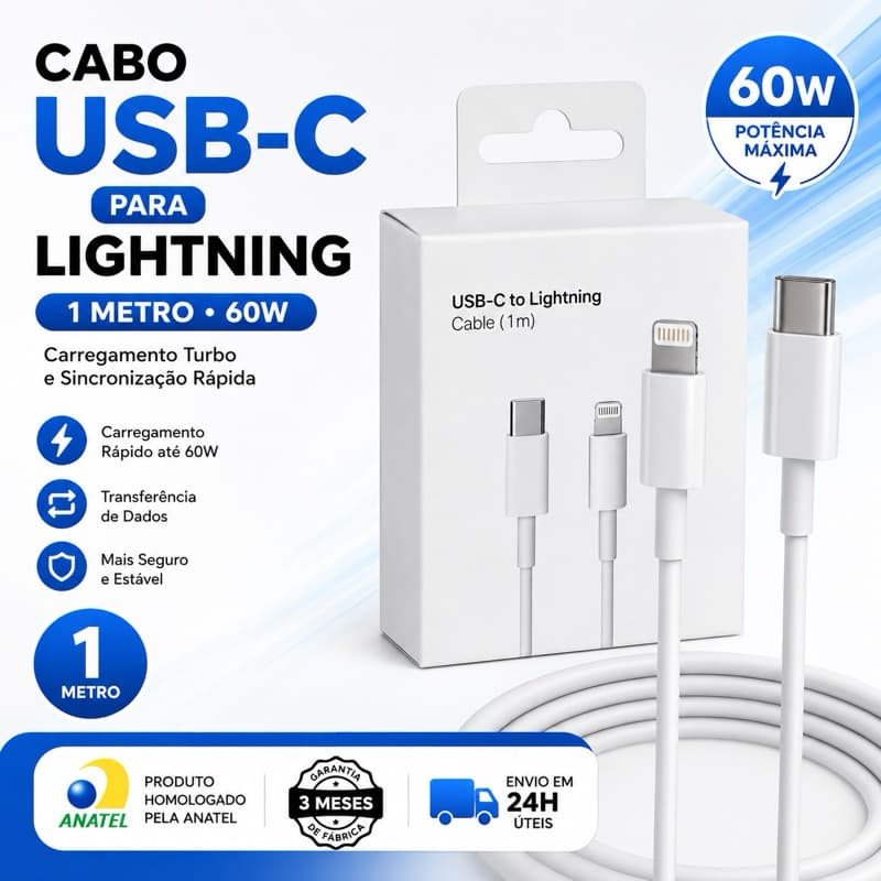 Cabo para iPhone USB-C Lightning 1 Metro Reforçado Carga Turbo 60W foxconn carregamento rápido iPhone iPad