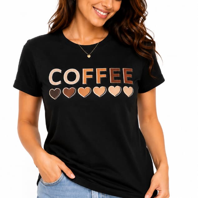 Camiseta Feminina Coffee T Shirt Preta marron Estampada Corações Blusinha Feminina Manga Curta Casual Moda