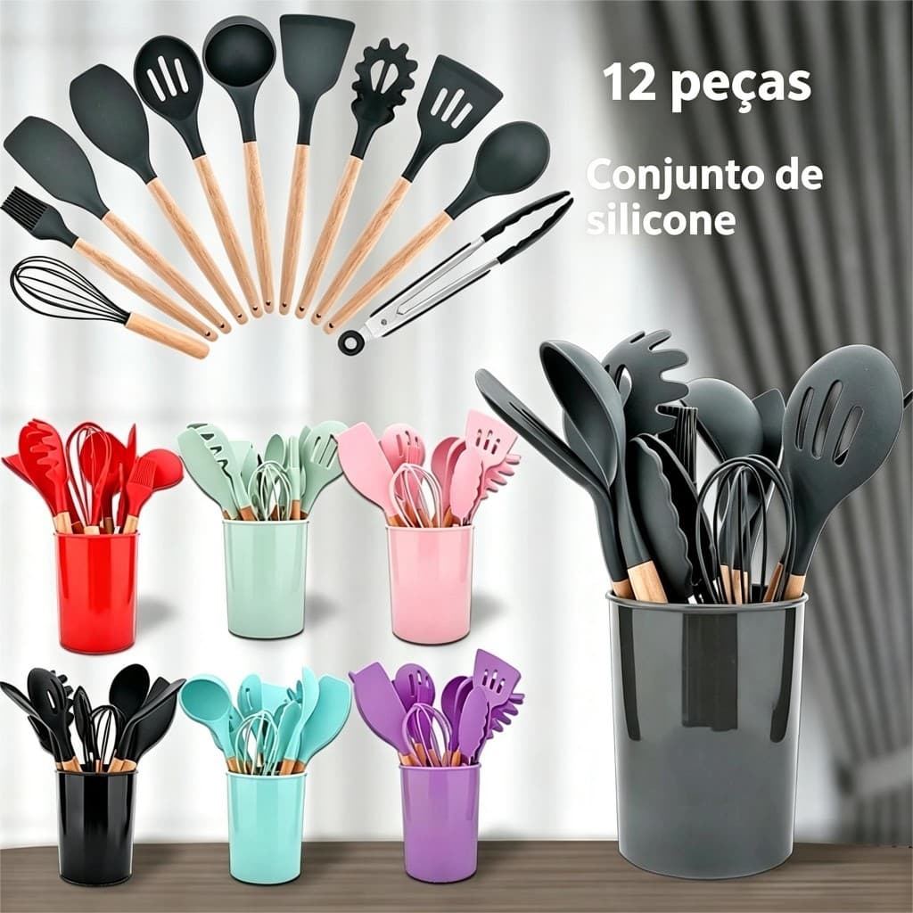 Kit 12 Utensílios Silicone Cozinha Livre BPA Cabo Bambu Resistente Calor com Balde
