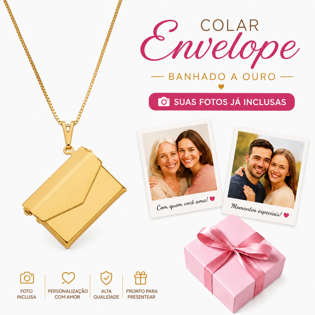 Colar Relicário Envelope Semijoia de luxo 3 fotos inclusas mais Caixa para presente