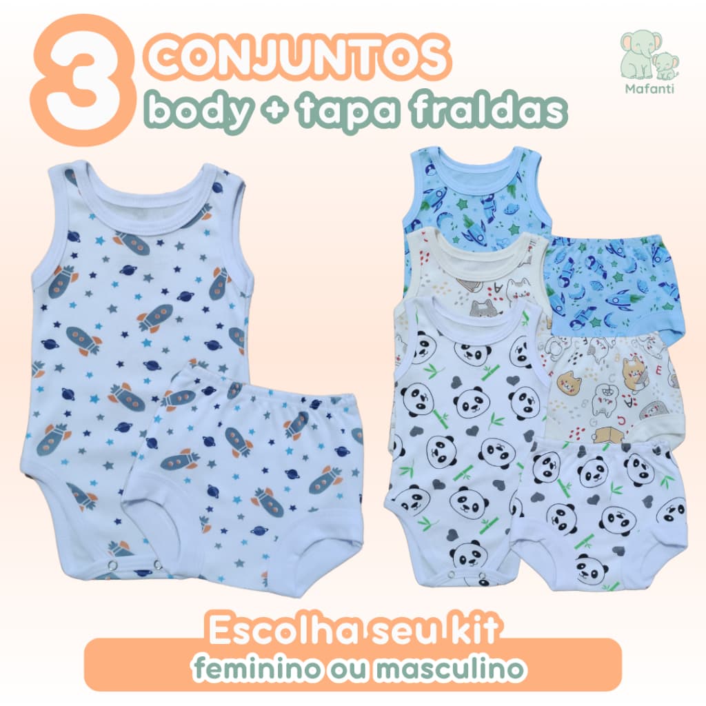 Kit 3 Conjuntos Body Regata Tapa Fralda Bebê Estampado Algodão Menina Menino Calor Verão Meia Estação 6 peças Baby