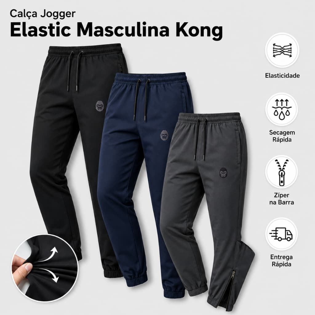 Calça Jogger Tactel Masculina com Elastano Zíper no Punho Kong