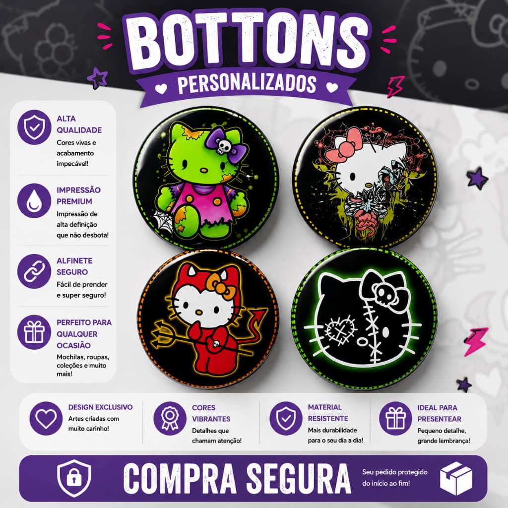 Kit 4 Bottons Hello Kitty Halloween Kawaii Escolar Mochila Bolsa Broche Pin Alfinete Boton Button