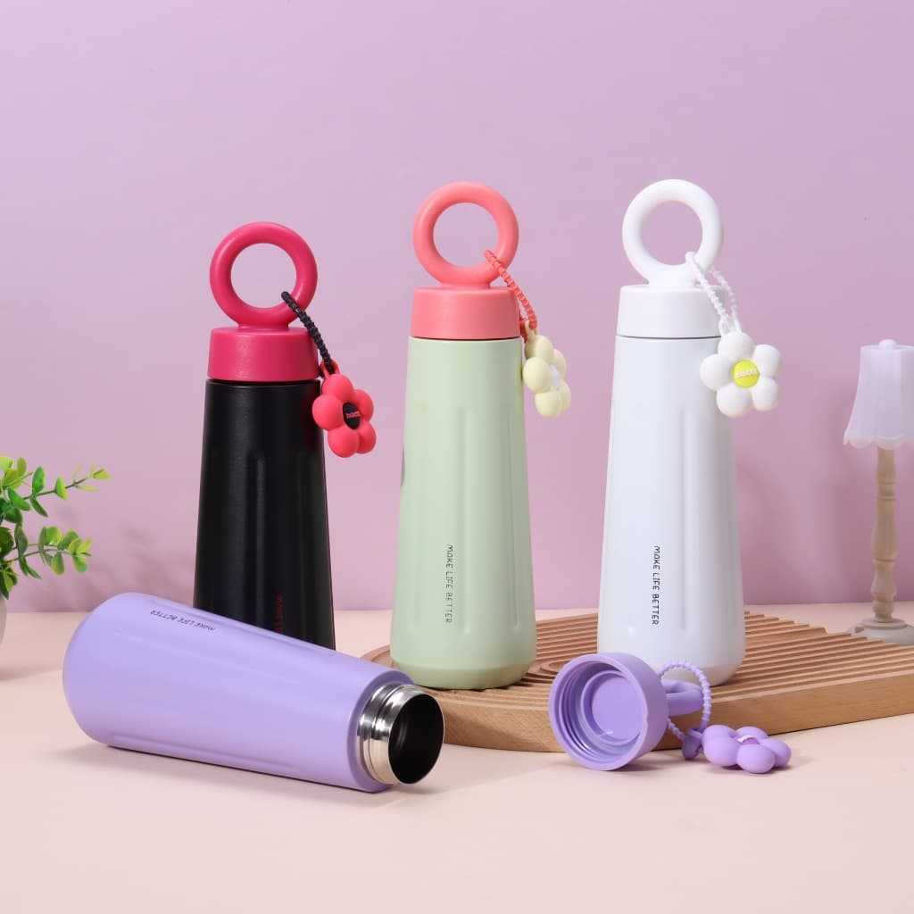 Garrafa Térmica Squeeze Portátil 450ml Aço Inox com Chaveiro de Flor