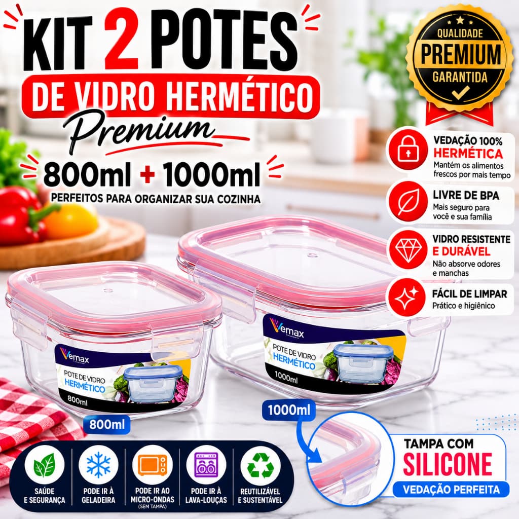 Conjunto 2 Potes de Vidro Hermético de 800ml e 1000ml Tampa Trava BPA Free Micro-ondas Freezer