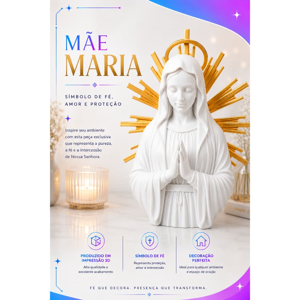Mãe Maria Decorativa 3D Branca com Detalhes Dourados | Escultura Religiosa Cristã 3D
