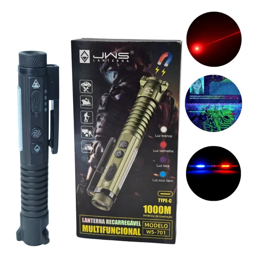 Lanterna Caneta Jws Com Laser + Neon Uv Strobo Policial Branco Preto