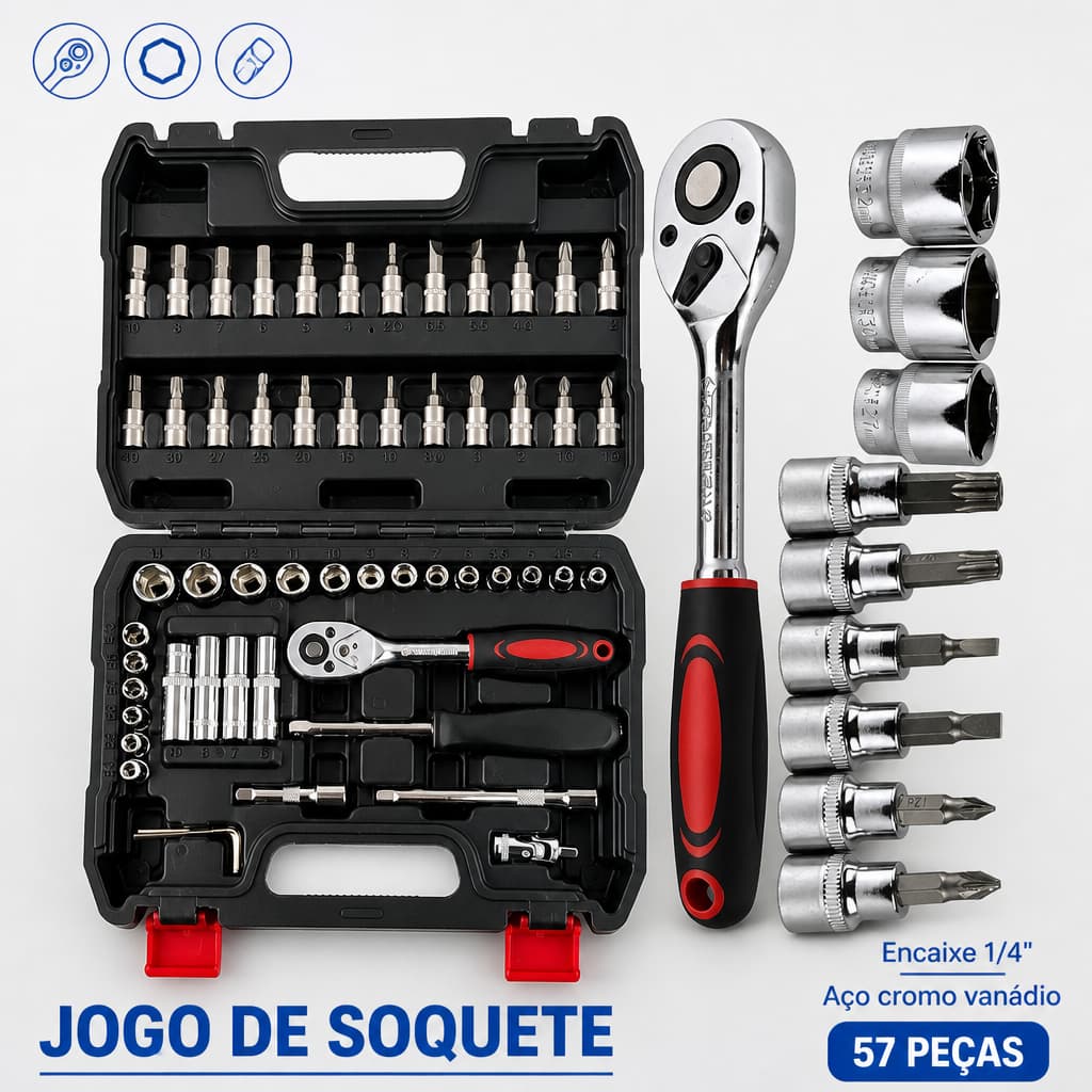 Jogo de Soquete 57 Peças 1/4 Catraca 72 Dentes Allen Torx E-Torx Aço Cr-V Maleta PCI Ferramentas