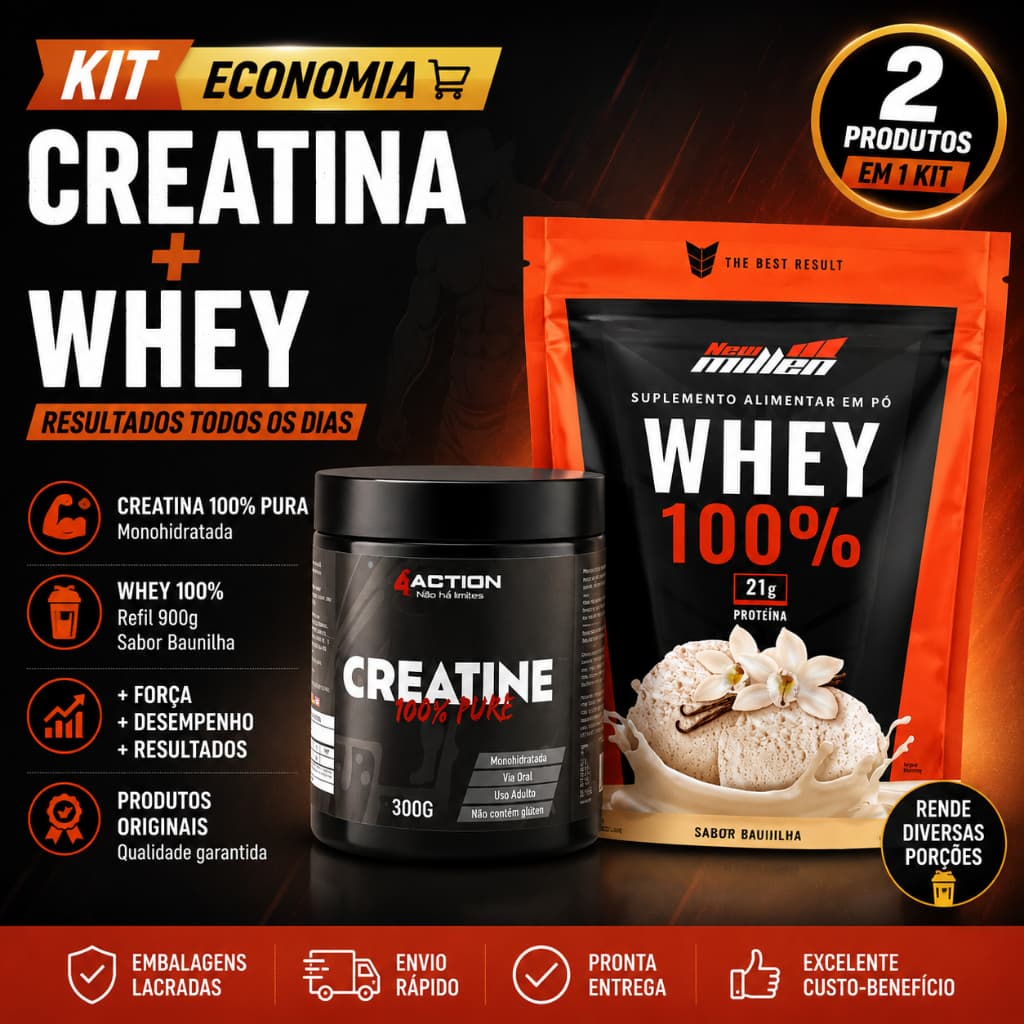 Kit Creatina 300g 4Action + Whey 100% New Millen 900g Baunilha