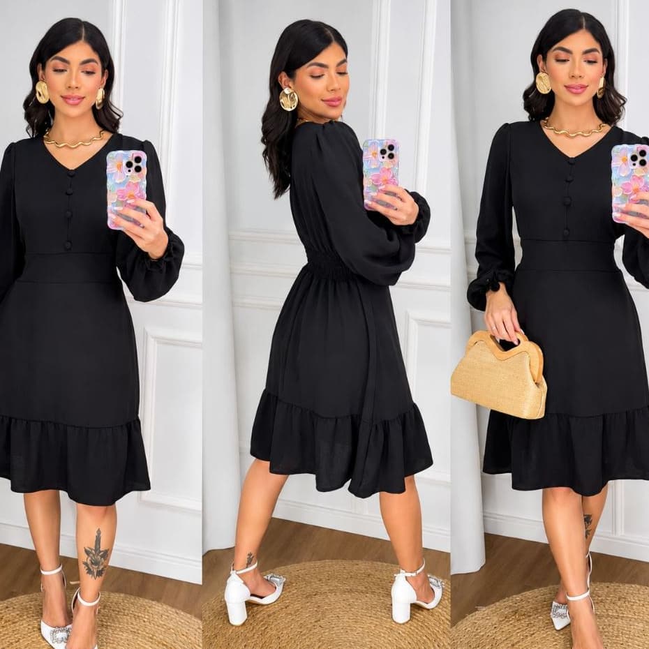 Vestido Feminino Curto Duna Manga Longa com elastex nas costas / Moda Evangelica Com Forro