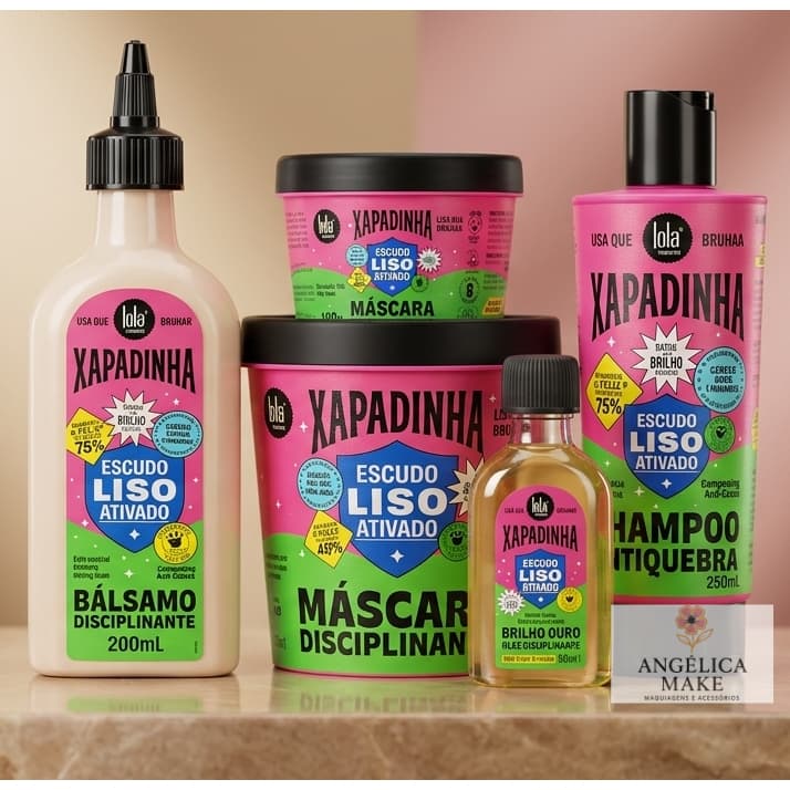 Kit Lola Cosmetics Xapadinha Completo Escudo Liso Ativado | Shampoo + Máscara + Bálsamo + Brilho Ouro | Anti Frizz | Ali