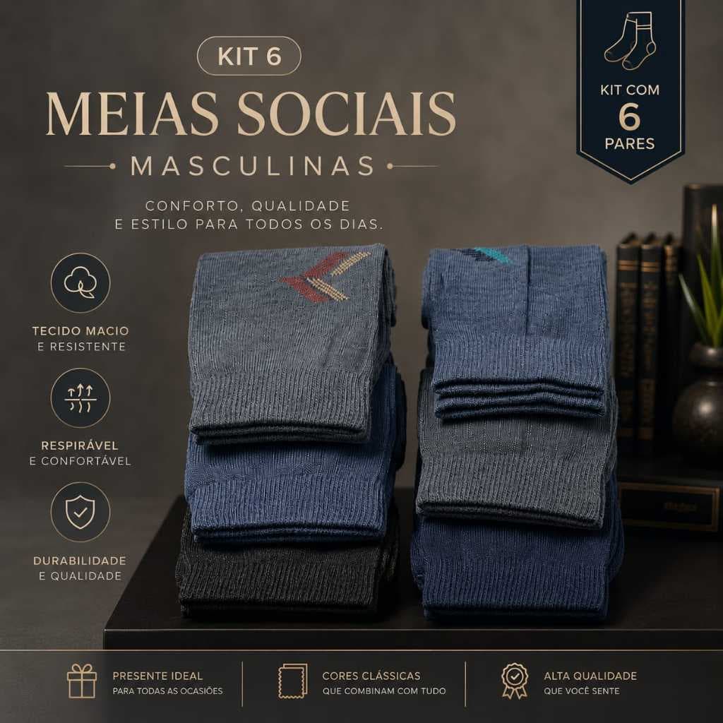 Kit 6 e 12 pares Meias Sociais Masculinas Elegante Confortáveis Cano Longo Resistentes e Respiráveis veste do 40 ao 46