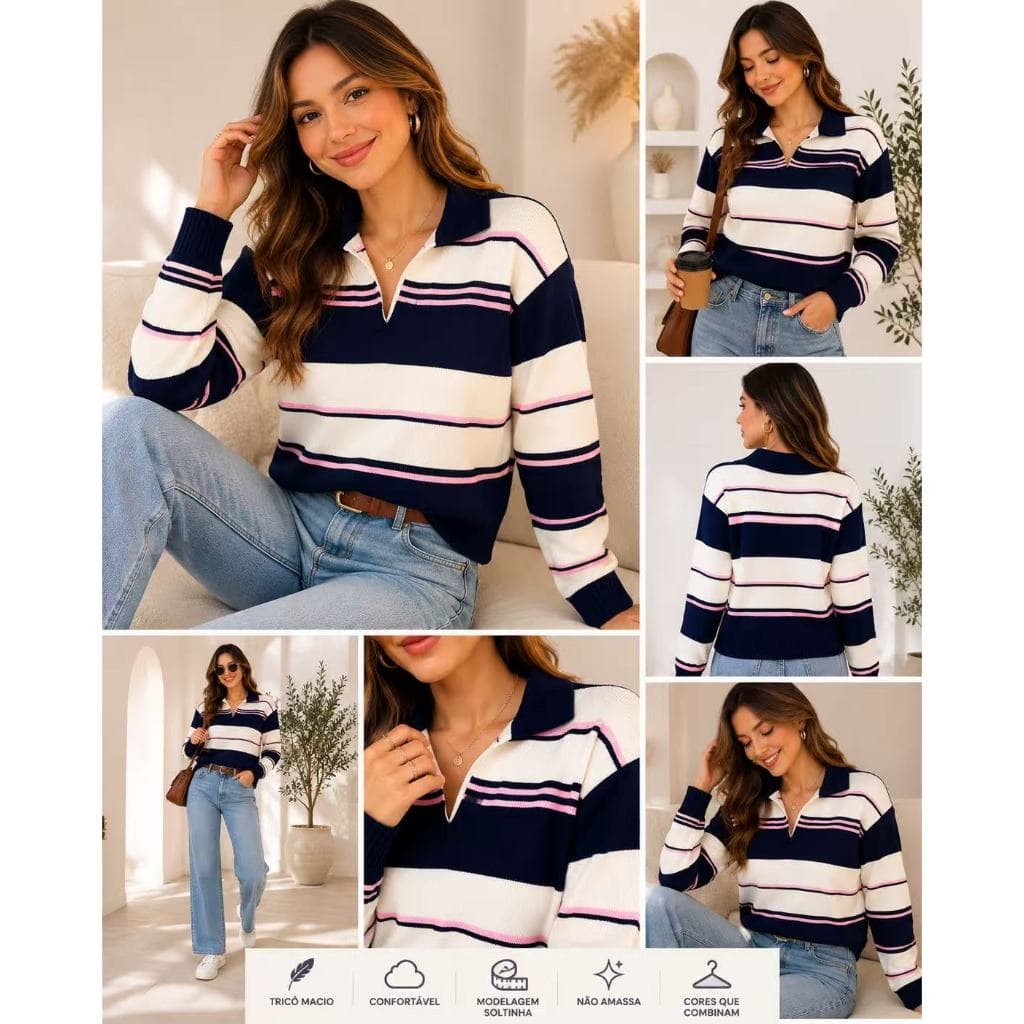 Blusa Feminina de Tricô Gola Polo Listrada Manga Longa
