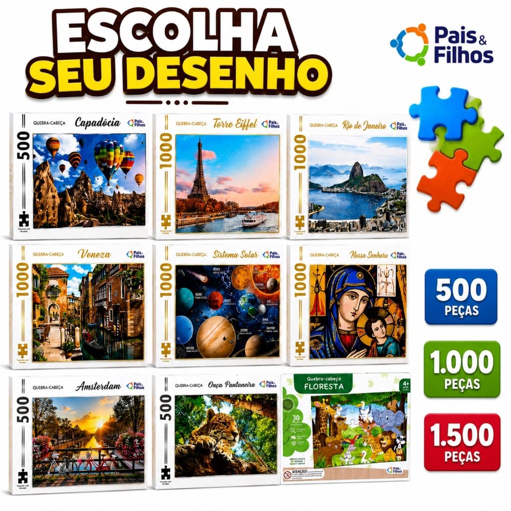 Quebra Cabeça 500 Peças 1000 Peças 1500 Peças Peças Premium Veneza Capadocia Torre Eiffel Pais e Filhos Escolha Desenhos