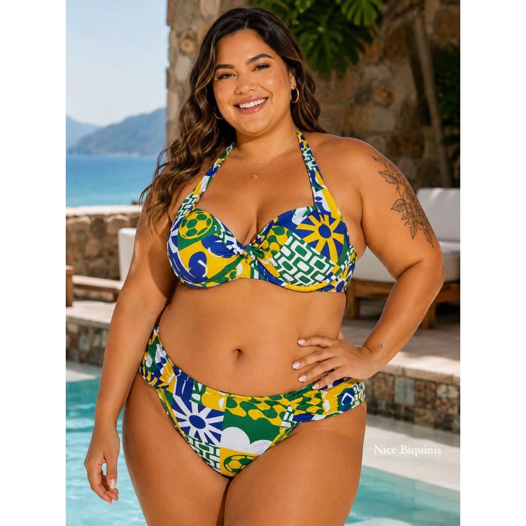 Conjunto de Biquini Estampas Brasil com calcinha de Biquini Drapeada 2 peças