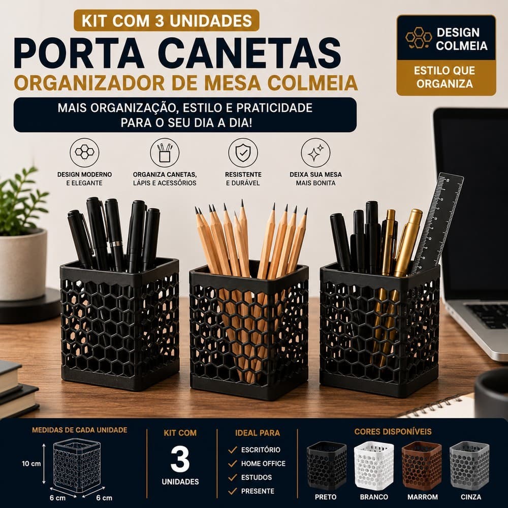 Kit 3 Porta Canetas Organizador de Mesa Colmeia Porta Lápis Escritório Home Office Decorativo