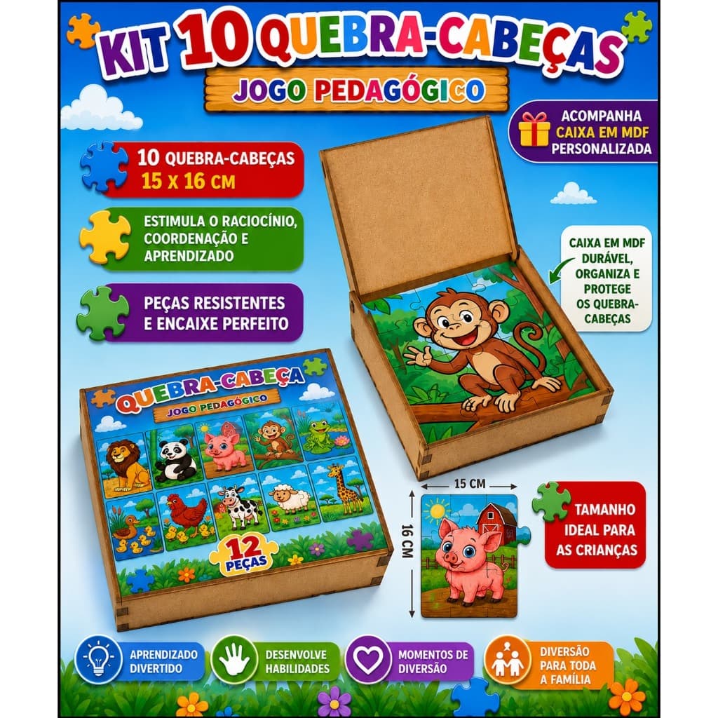 Kit 10 Quebra Cabeça em Mdf 12 Peças Jogo Pedagógico Infantil Lúdico Educativo