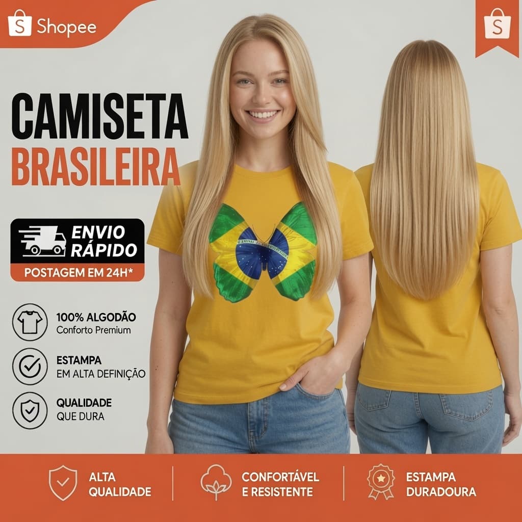 Camiseta Feminina Amarela Brasil Patriota Borboleta Estampada Algodão Torcida