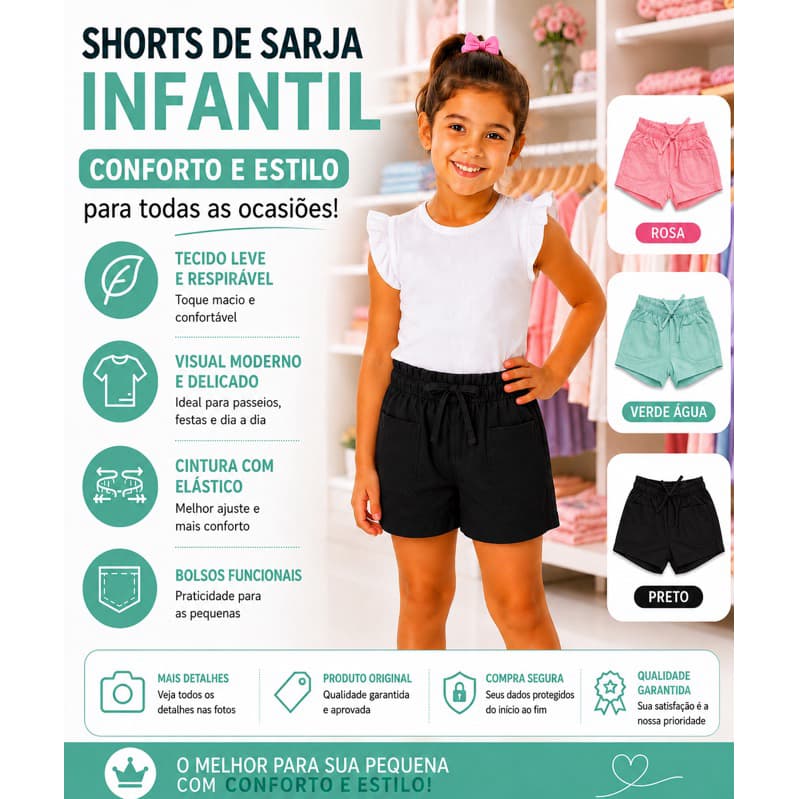 Short Sarja Bermuda Rosa Preto Verde Agua Menina Infantil 4 ao 8