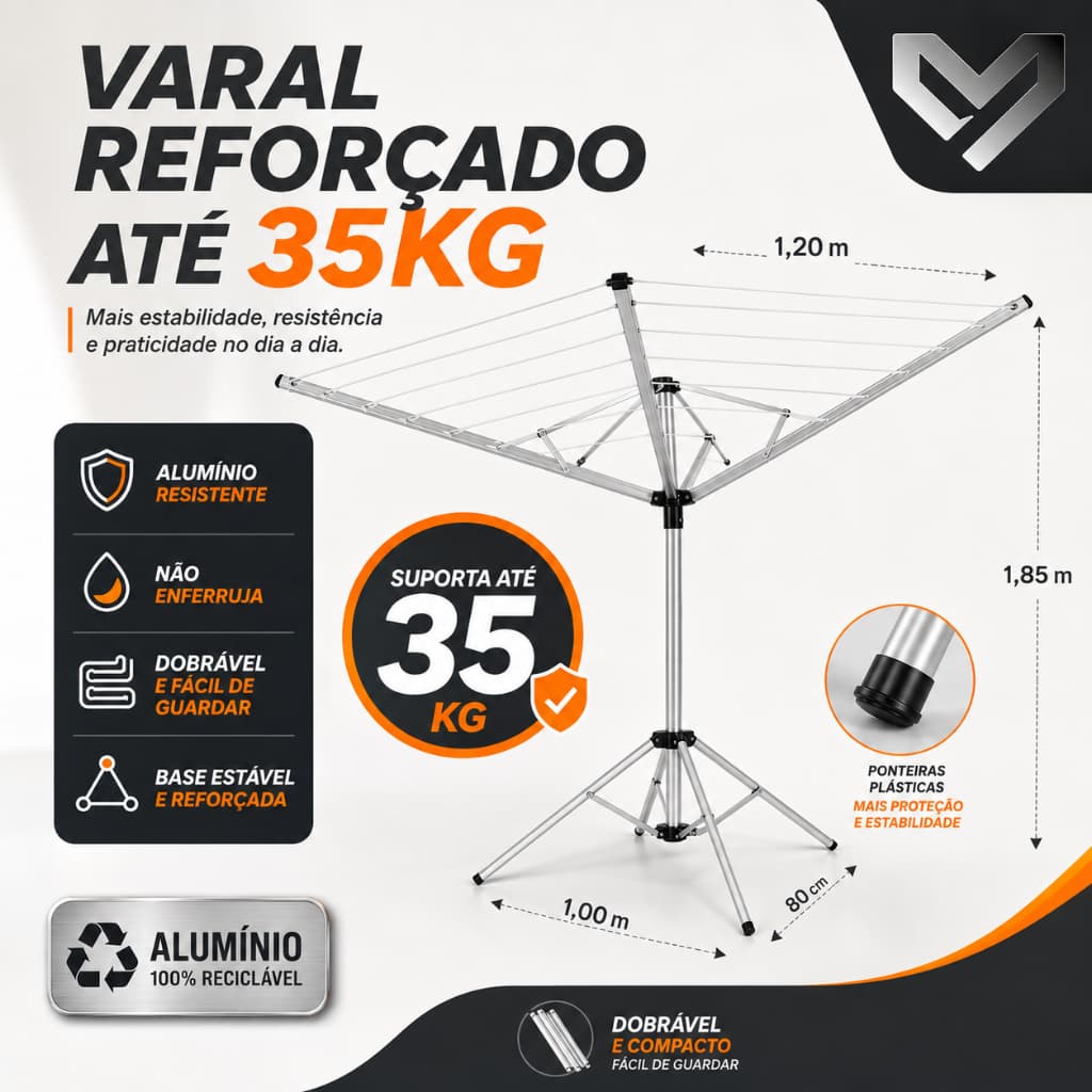 Varal de Chão Dobrável Giratório 9 Cordas Alumínio Reforçado 35kg Roupas Compacto Roupas