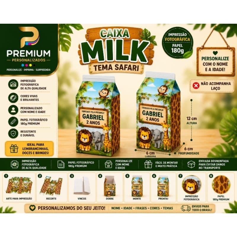 Caixa Milk Personalizada Safari | Nome e Idade | Papel Fotográfico 180g | Pegue e Monte
