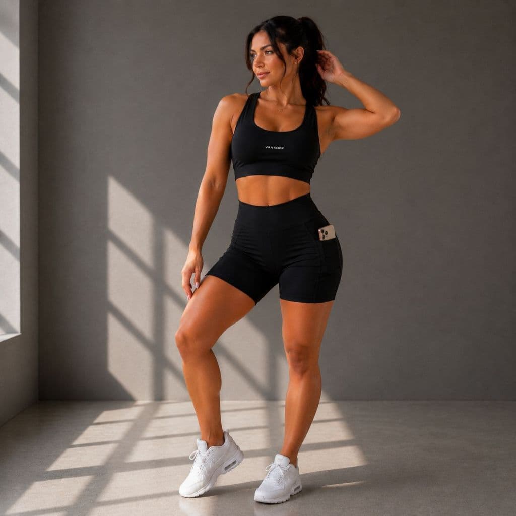 Conjunto Fitness Short+Top Feminino Tecido Poliamida Com Bolso Para Celular Academia