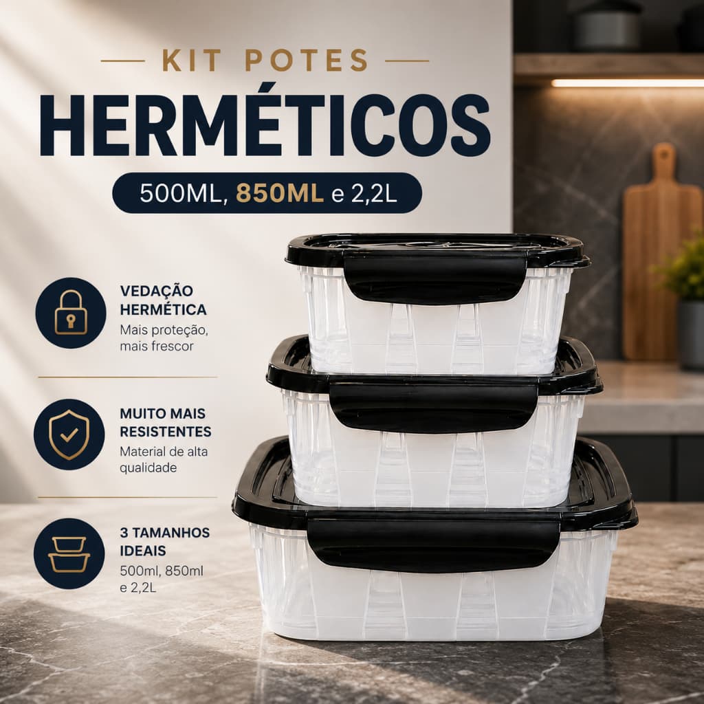 Kit 3 Pote Marmita 500Ml 850Ml 2,2L Com Travas Laterais - Livre de BPA Alimentos