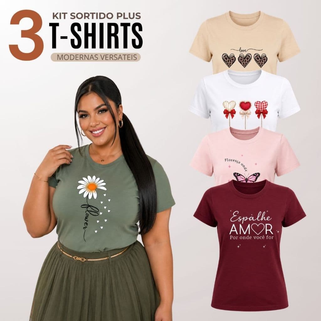 Kit 3 Blusa Feminina Plus Size Manga Curta Gola Redonda Básica Casual Roupas Femininas