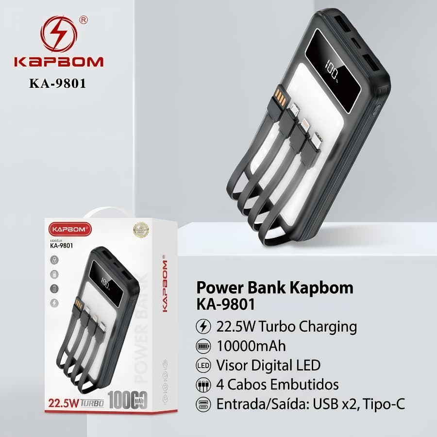 Power Bank 10000 mAh 22.5W Carregamento Turbo com 4 Cabos Embutidos Visor Led 2 Entradas USB 1 Tipo C Portatil PowerBank
