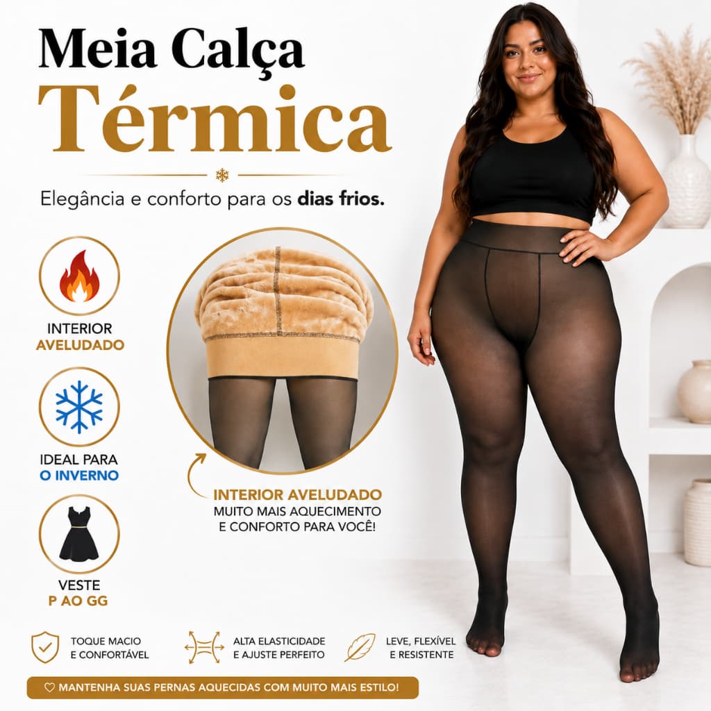 Meia Calça Térmica Feminina Preta Peluciada Translucida Inverno Tamanho Único Veste do P ao GG
