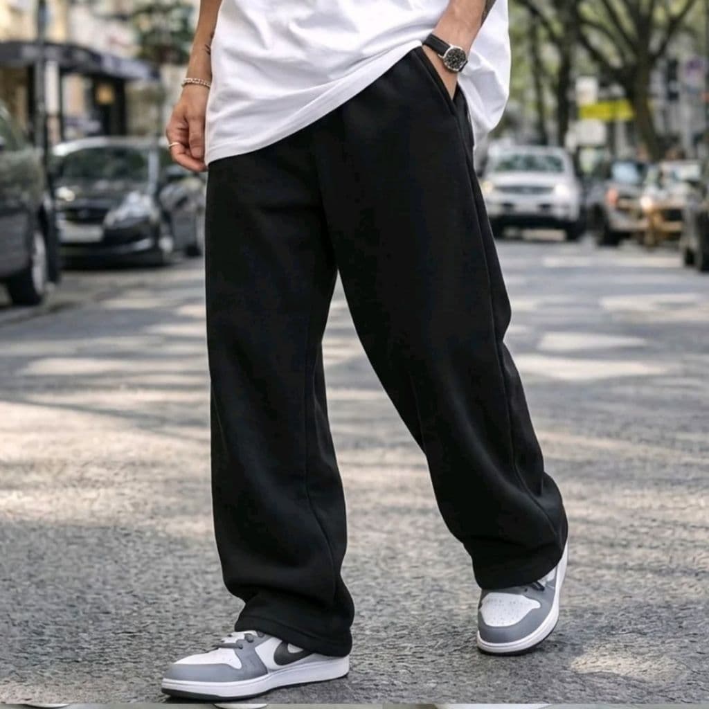 Calça Moletom Wide Leg Reta Confortável Tendência Streetwear Casual