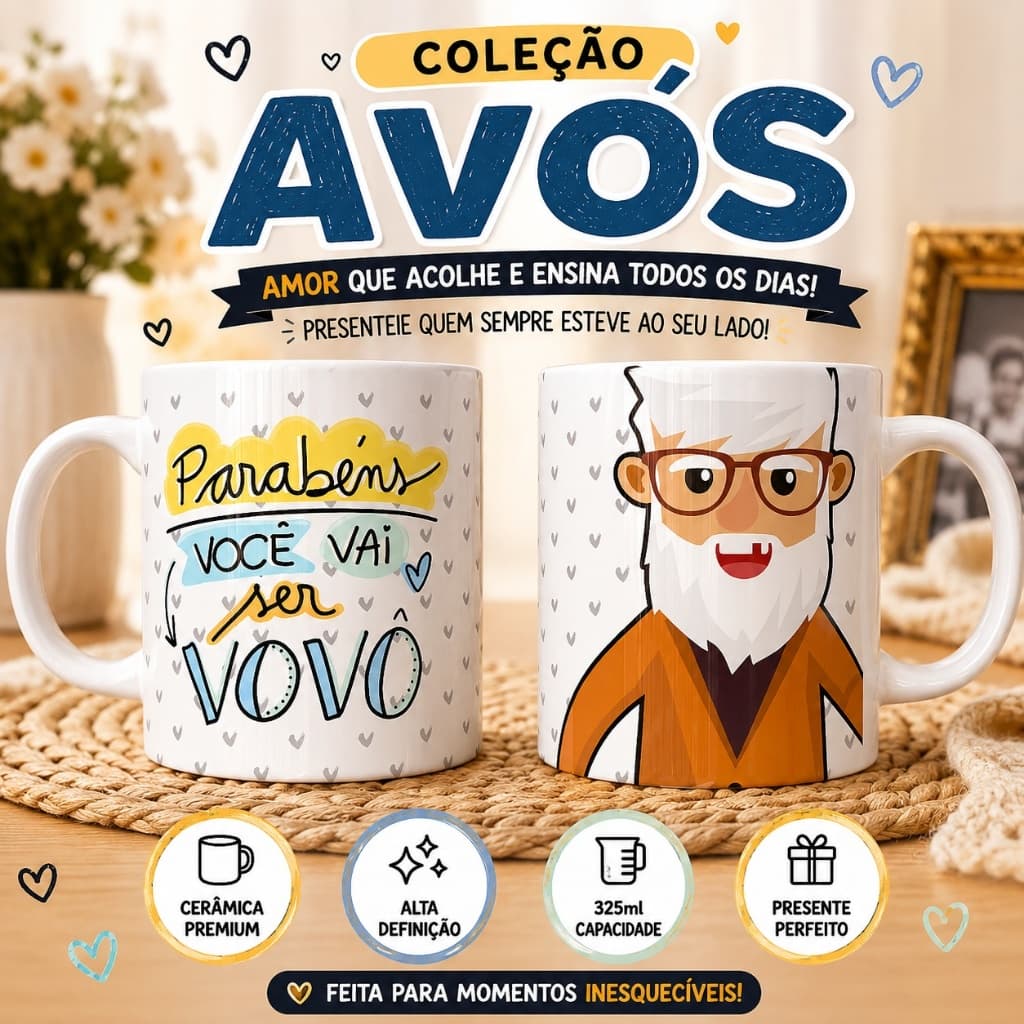 Caneca Vovô e Vovó 325ml | Coleção de Canecas para Avós | Presente Criativo em Cerâmica