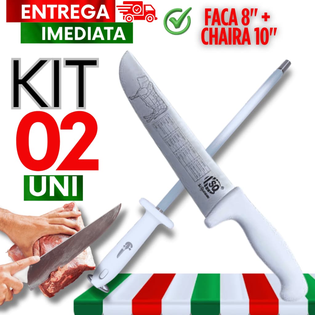 Jogo Chairas 10' E Facas Profissional 8' Polegadas Açougue Cozinha Churrasqueiro Aço Inox Premium