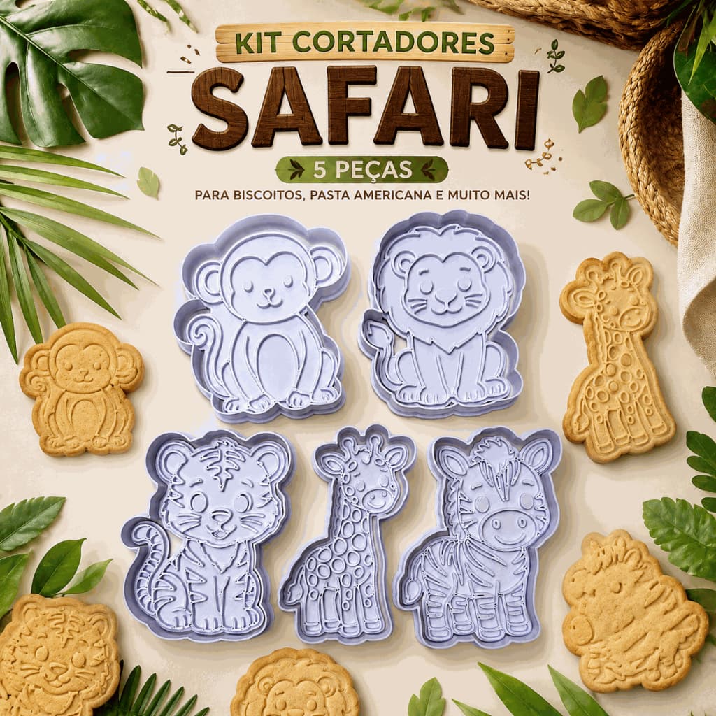 Kit Cortadores de Biscoito Safari 5 Peças Cortador e Marcador para Cookies
