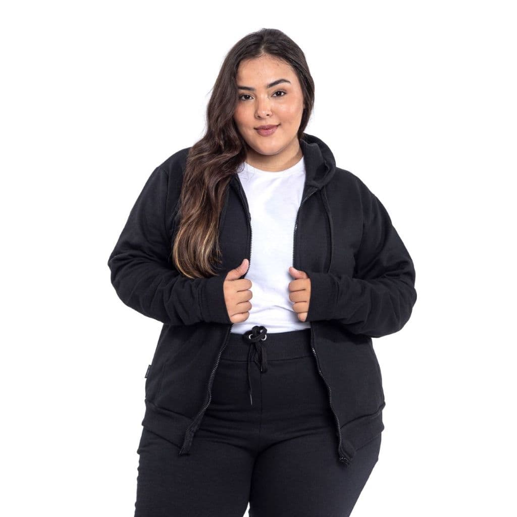 Moletom Com Zíper Capuz Flanelado Feminino Plus Size Casaco Frio Bolso Canguru Algodão P ao XG