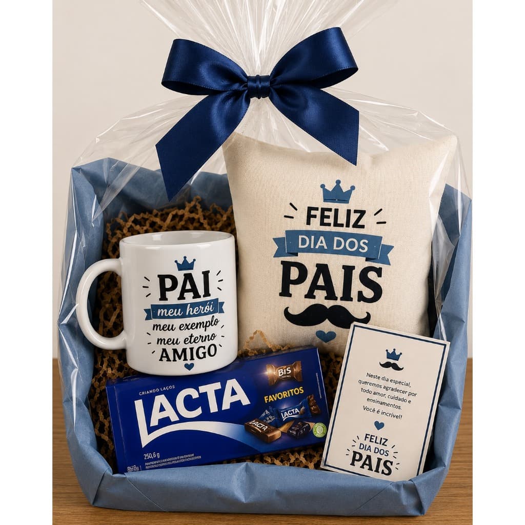 Cesta Presente Dia Dos Pais Caneca,almofada,bombons E Cartão Presente Aniversário