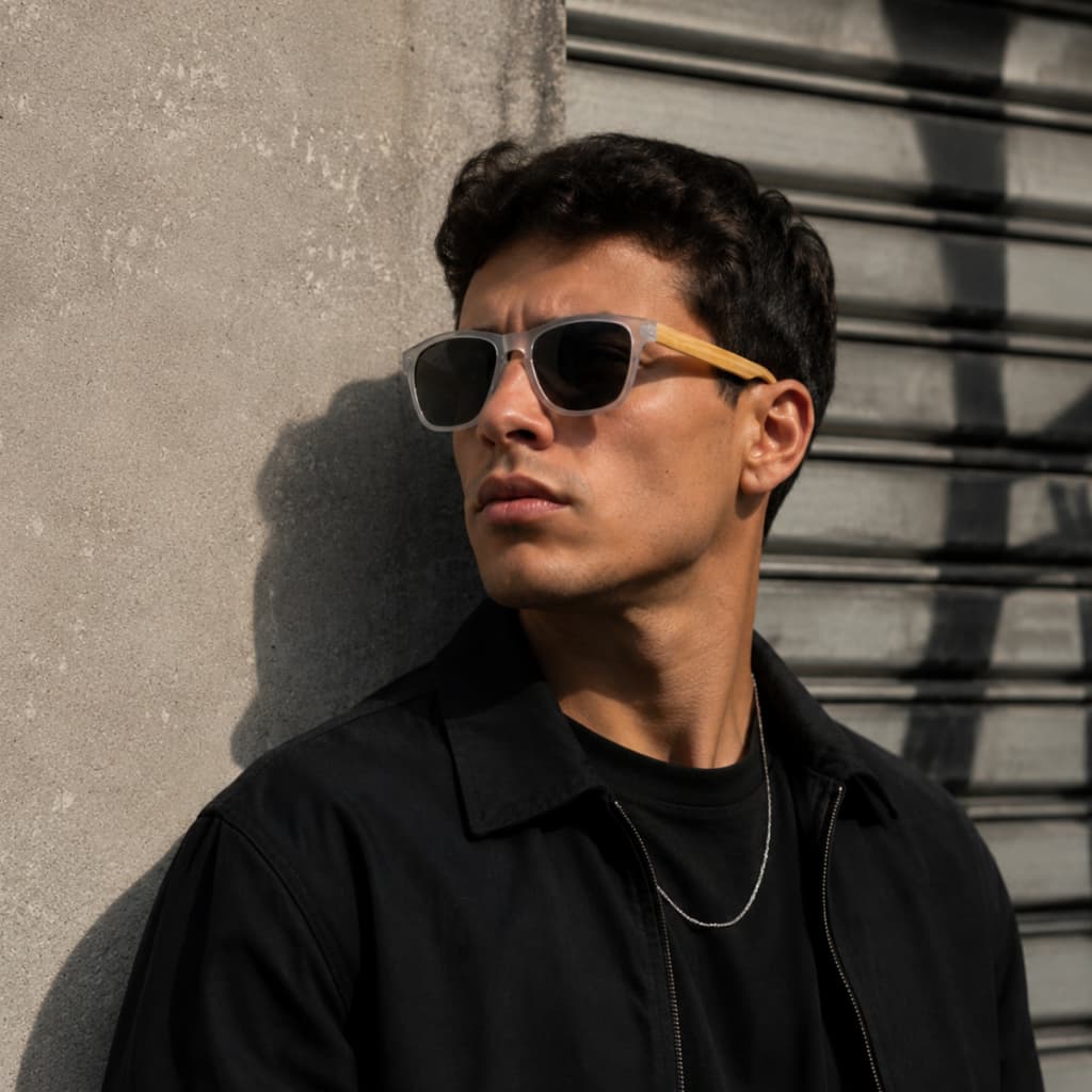 Óculos de Sol Transparente de Madeira Hastes de Bambu Premium Masculino Quadrado, Proteção UV400